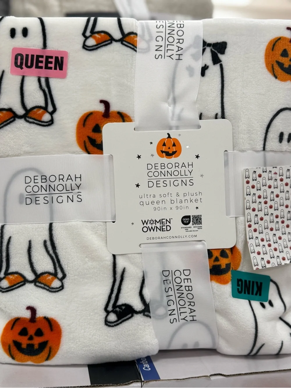 Queen ( not KING) Plush Halloween Throw Blanket - White & Orange
